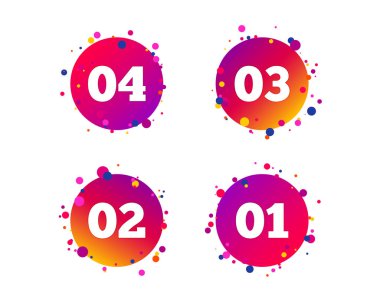 Bir, iki, üç ve dört simgeleri adım. Seçenekleri simgeler dizisi. Yükleme işlemi işaretler. Degrade daire düğmeleri ile kutsal kişilerin resmi. Rastgele noktalar teması. Vektör