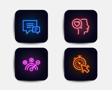 Neon glow ışıkları. Yorum, doğru cevap ve romantik konuşmak simgeler. Zamanlayıcı işareti. Kabarcıklar, hız sembolü, sevgi sohbet konuş. Zaman yönetimi. Neon simgeler. Parlayan ışık afiş. Vektör