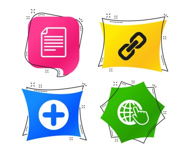 Ayrıca daire ve köprü zinciri simgeleri ekler. Belge dosyası ve küre el işaretçisi ile semboller imzala. Geometrik renkli Etiketler. Afiş ile düz kutsal kişilerin resmi. Modaya uygun bir tasarım. Vektör