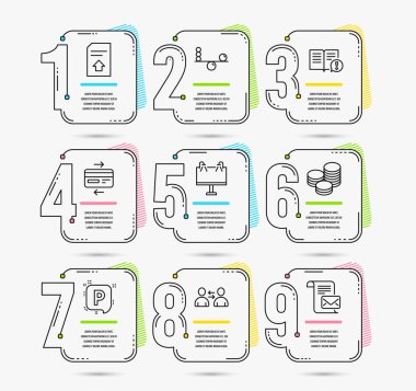Infographic şablonu ile 9 arasındaki rakamları seçenekleri. Keyif-in ayarla, banner iletişim ve yol simgeler. Gerçekler, denge ve işaretler otopark. Kredi kartı, karşıya yüklenen dosya ve posta mektup simgeler. Vektör