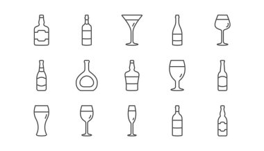 Şişe satır simgeler. Bira içecekler, Şarap kadehi ve viski şişesi. Şampanya doğrusal Icon set. Vektör