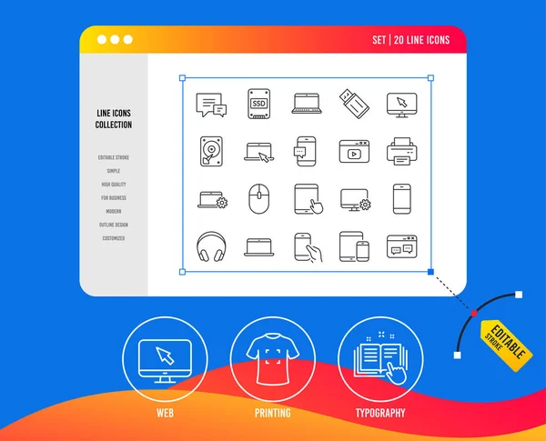 Иконки Линий Мобильных Устройств Комплект Ноутбуков Планшетных Компьютеров Смартфонов Hdd — стоковый вектор