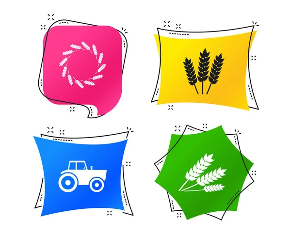 農業のアイコン トウモロコシ小麦やグルテン フリーのシンボルに署名します トラクター機械 幾何学的なカラフルなタグ フラット アイコンとバナー トレンディなデザイン ベクトル — ストックベクタ