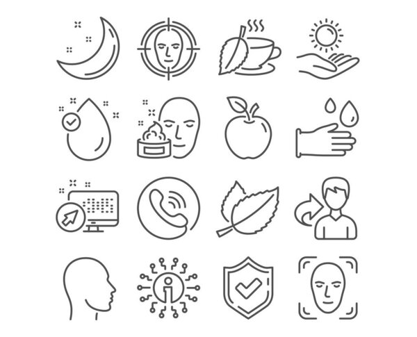 Set of Face detect, Mint leaves and Head icons. Sun protection, Vitamin e and Face cream signs. Mint tea, Rubber gloves symbols. Select target, Mentha herbal, Human profile. Vector