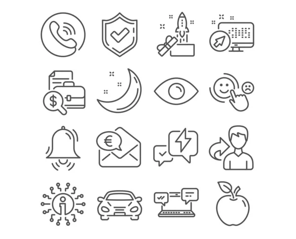 Set of Car, Eye and Innovation icons. Accounting report, Clock bell and Customer satisfaction signs. Internet chat, Lightning bolt and Euro money symbols. Transport, View or vision, Crowdfunding