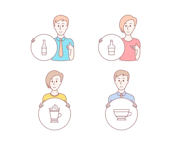 Gente Dibujado Mano Estilo Set Iconos Cerveza Café Latte Botella — Vector de stock