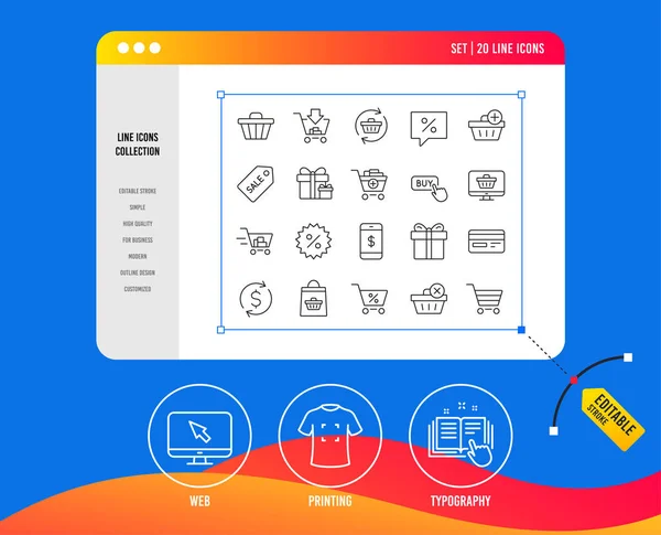 Иконки Торговых Линий Подарки Подарки Продажа Предлагают Знаки Корзина Метки — стоковый вектор