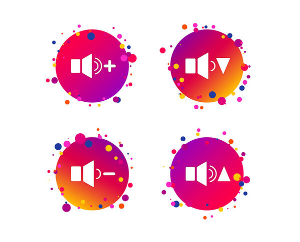 Player control icons. Sound louder and quieter signs. Dynamic symbol. Gradient circle buttons with icons. Random dots design. Vector