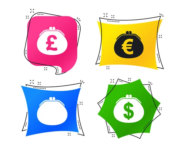 Wallet Dollar Euro Pounds Currency Icons Cash Bag Signs Retro — Stock Vector