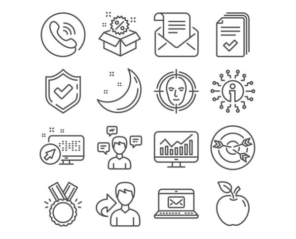Set of Handout, Conversation messages and Targeting icons. Honor, Statistics and E-mail signs. Mail newsletter, Sale and Face detect symbols. Documents example, Communication, Target with arrows