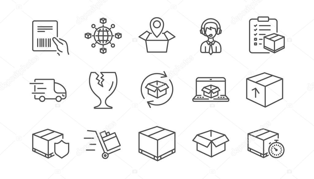 Logistics and Shipping line icons. Truck Delivery, Checklist and Parcel tracking. Cargo linear icon set.  Vector