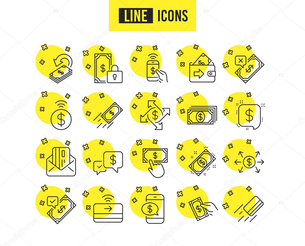 Payment line icons. Set of Accept transfer, Pay with Phone and Credit card by mail linear icons. Online payment, Dollar exchange and Fast money send symbols. Private pay, Cash and Wallet. Vector