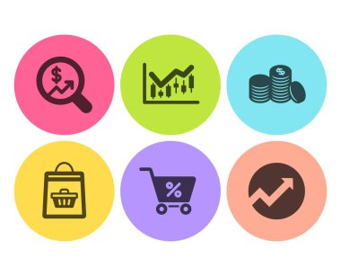 Mali diyagramı, para birimi denetim ve özel simgeler kümesi sunuyoruz. Online satın alma, banka para ve denetim işaretler. Vektör