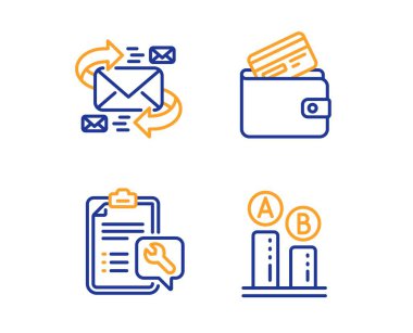 E-posta, basit bir set bankamatik kartı ve somun anahtarı simgeler. AB test işareti. Harfler, m-cüzdan ile kredi kartı, onarım hizmeti ile iletişim. Test grafik. İş kümesi. Doğrusal e-posta simgesi. Renkli tasarım kümesi