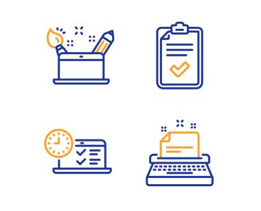 Denetim listesi, Online test ve yaratıcılık kavramı simgeler basit ayarlayın. Daktilo işareti. Anket, muayene, grafik sanatı. Yönerge. Teknoloji kümesi. Doğrusal denetim listesi simgesi. Renkli tasarım kümesi. Vektör