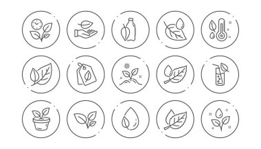 Bitkiler simgeleri sıraya. Yaprak, bitki ve nem termometresi büyüyen. Su damla doğrusal Icon set. Simgesi ile satır düğmeleri. Düzenlenebilir inme. Vektör