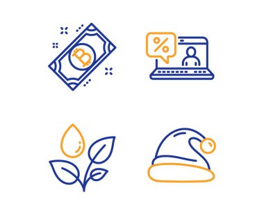 Online Kredi, sulama tesisleri ve Bitcoin simgeler kümesi. Santa şapka işareti. Vektör