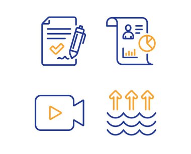 Rapor, Video kamera ve onaylı sözleşmesi simgeler basit ayarlayın. Buharlaşma işareti. İş istatistikleri, film ya da sinema, imza belge. Küresel ısınma. Eğitim kümesi. Doğrusal rapor simgesi. Vektör