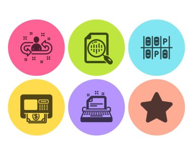 Analitik grafik, işe alma ve daktilo simgeler basit set. Park yeri, Atm ve yıldız işaretleri. Rapor analizi, Yöneticisi değişikliği. Teknoloji kümesi. Düz analitik grafik simgesini. Daire düğmesi. Vektör