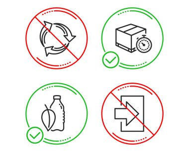 Yapmak veya durdurmak. Teslimat zamanlayıcı, su şişesi ve geri dönüşüm simgeler basit ayarlayın. Oturum açma işareti. Lojistik, nane yaprağı içki, geri dönüşüm atıkları hızlı. Oturum Aç. İş kümesi. Satırın teslimat Zamanlayıcı simgesi var. Vektör