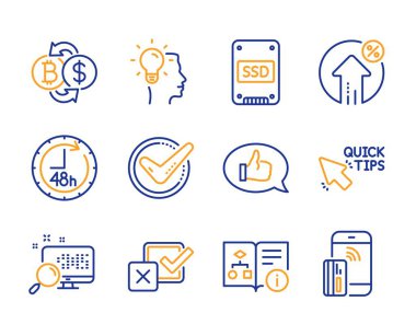 SSD, Bitcoin değişimi ve onaylı simgeleri ayarlayın. Geri bildirim, hızlı ipuçları ve 48 saat işaretleri. Vektör