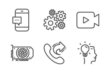 Video kamera, Gpu ve akıllı telefon mesajı Icons set. Dişli, paylaşım arama ve fikir işaretler. Vektör