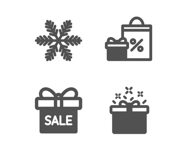 Nabídka prodej, nakupování a sněhová vločka ikony. Speciální nabídka znamení. Dárková krabice, dárky a prodej, klimatizace. Vektor — Stockový vektor