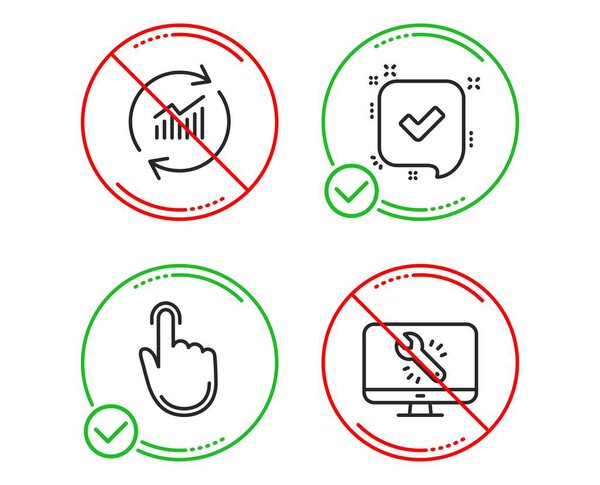 Делай или останавливайся. Щелкните правой кнопкой мыши, Обновить данные и подтвержденные значки простой набор. Ремонтный знак монитора. Указатель локировки, Статистика продаж, Принятое сообщение. Компьютерная служба. Технологический набор. Line hand click do icon
