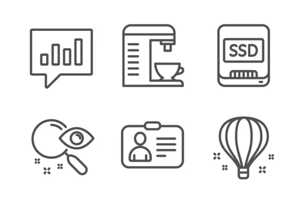 Conjunto de iconos de chat analítico, tarjeta de identificación y máquina de café. Signos de búsqueda, SSD y globos aéreos. Vector — Vector de stock