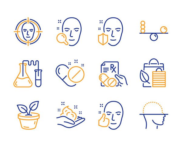 Bio shopping, Face detect and Skin care icons simple set. Prescription drugs, Healthy face and Medical pills signs. Chemistry lab, Balance and Leaves symbols. Leaf, Select target. Vector
