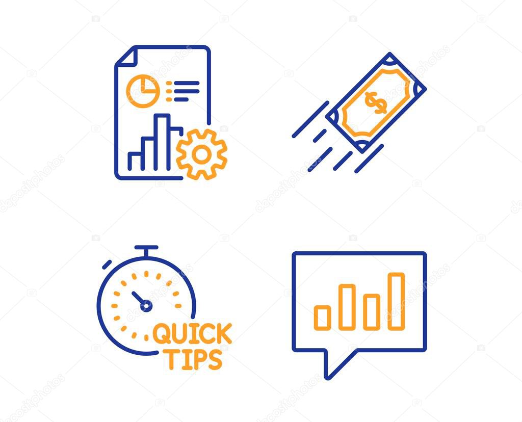 Report, Quick tips and Fast payment icons simple set. Analytical chat sign. Presentation document, Helpful tricks, Finance transfer. Communication speech bubble. Education set. Linear report icon