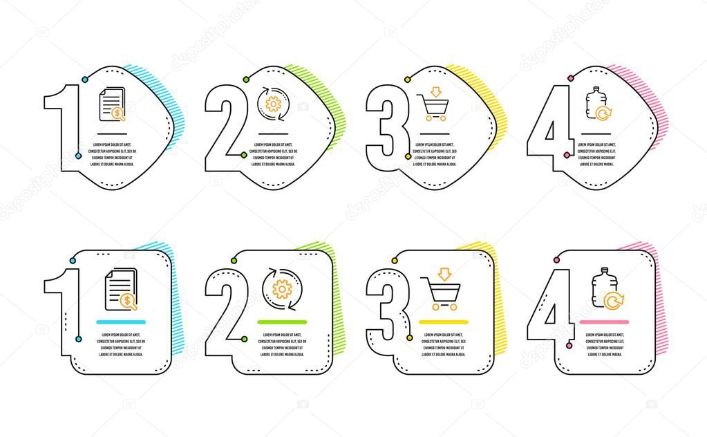 Financial documents, Online market and Cogwheel icons simple set. Refill water sign. Check docs, Shopping cart, Engineering tool. Cooler bottle. Business set. Infographic timeline. Vector