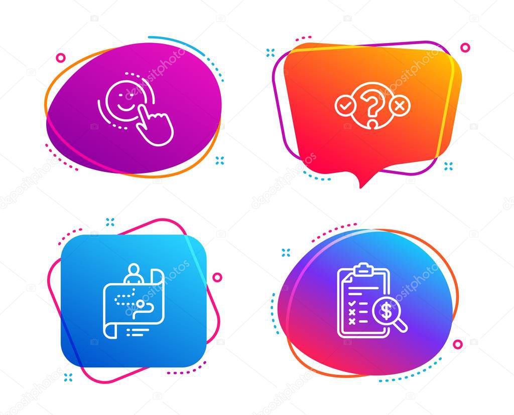 Smile, Quiz test and Journey path icons simple set. Accounting report sign. Positive feedback, Select answer, Project process. Check finance. Business set. Speech bubble smile icon. Vector