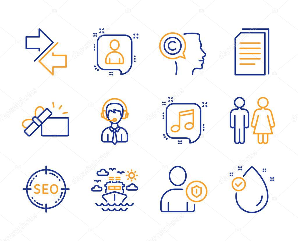Seo Developers Chat And Ship Travel Icons Simple Set Writer Copy Files And Synchronize Signs Restroom Shipping Support And Security Symbols Musical Note Opened Gift And Vitamin E Line Seo Icon