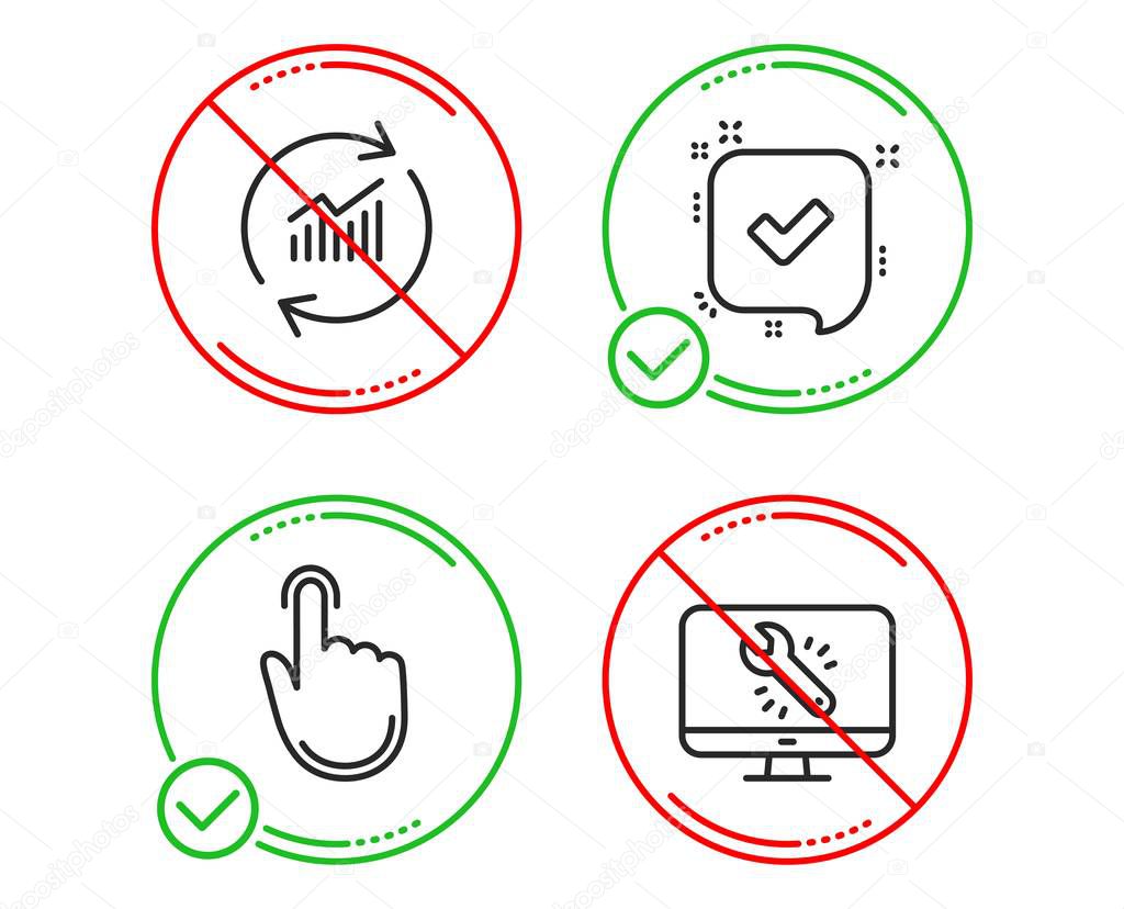 Do or Stop. Hand click, Update data and Confirmed icons simple set. Monitor repair sign. Location pointer, Sales statistics, Accepted message. Computer service. Technology set. Line hand click do icon