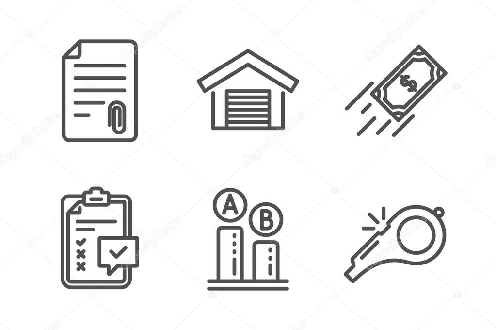 Checklist, Parking garage and Attachment icons set. Ab testing, Fast payment and Whistle signs. Vector