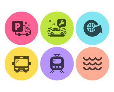 Dünya Dünya, tren ve araba servisi simgeler basit set. Otobüs, Kamyon Park ve dalgalar işaretler. Dünya çapında, tramvay. Ulaşım ayarlayın. Düz dünya küre simgesi. Daire düğmesi. Vektör