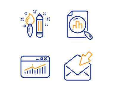 Yaratıcılık, Web sitenizin istatistiklerini ve Analytics simgeler basit set grafik. Açık posta işareti. Grafik sanatı, veri analizi, grafik raporu. E-posta görüntüleyin. Eğitim kümesi. Doğrusal yaratıcılık simgesi. Renkli tasarım kümesi