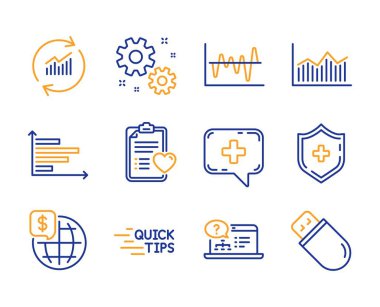 Eğitim, para diyagramı ve hisse senedi analizi simgeler basit ayarlayın. Veri güncelleştirme ve yatay grafik işaretleri tıbbi sohbet. Hasta Tarih, dünya para ve tıbbi kalkan sembolleri. Satırı eğitim simgesi