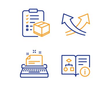 Daktilo, parsel denetim listesi ve kavşak okları simgeler basit ayarlayın. Teknik algoritması işareti. Yönerge, lojistik onay, Exchange. Uygulanacağı Belge endüstriyel küme proje. Doğrusal daktilo simgesi. Vektör