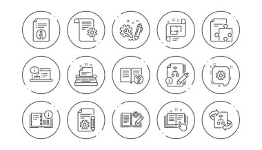 Teknik belgeler satırı simgeler. Öğretim, Plan ve el kitabı. Algoritma doğrusal Icon set. Simgesi ile satır düğmeleri. Düzenlenebilir inme. Vektör