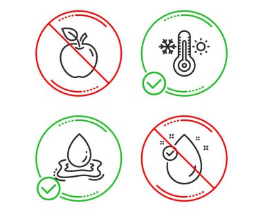 Yapmak veya durdurmak. Apple, su sıçrama ve termometre simgeler basit ayarlayın. E vitamini işareti. Meyve, Aqua damla, termostat. Yağ damla. Doğa ayarlayın. Satır elma simgesi yapmak. Ban durmak yasaktır. İyi ya da kötü. Vektör