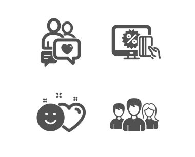 Dating Sohbet, gülümseme ve Online alışveriş simgeler kümesi. Ekip çalışması işareti. İnsanları seviyorum, sosyal medya gibi 