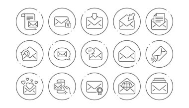 Posta iletisi satırı simgeler. Bülten, e-posta, yazışma. İletişim doğrusal Icon set. Simgesi ile satır düğmeleri. Düzenlenebilir inme. Vektör