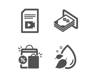 Alışveriş torbaları, Video dosyası ve Atm para simgeler kümesi. Su damla işareti. Vlog sayfa, Doları Döviz Satış iskontosu. Serum petrol. Klasik tasarım alışveriş torbaları simgesi. Düz tasarım. Vektör