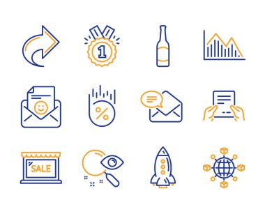 Gülümseme, yatırım grafik ve onaylandı simgeler basit ayarlayın. Satılık, kredi yüzde ve roket imzalar. Yeni posta, paylaşım ve bira sembolleri. Arama, alma dosyasını ve lojistik ağı. Satırı gülümseme simgesi. Renkli seti