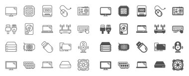 Bilgisayar parçaları, dizüstü bilgisayar, SSD hat simgeleri. Anakart, işlemci, internet kablo ikonları. Wifi router, bilgisayar monitörü, grafik kartı. Klavye, SSD cihazı. İnternet kabloları, dizüstü bilgisayar parçaları. Vektör