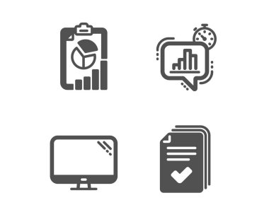 Kümesi istatistik zamanlayıcı, bilgisayar ve rapor simgeler. Dinleyici notu üye. Büyüme grafiği, Pc bileşeni, sunu grafik. Belgeler örnek. Klasik tasarım istatistikleri Zamanlayıcı simgesi. Düz tasarım. Vektör