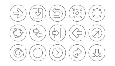Ok simgeleri. Download, eşitleme ve paylaşma. Gezinti doğrusal Icon set. Simgesi ile satır düğmeleri. Düzenlenebilir inme. Vektör
