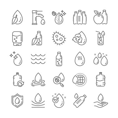 Su damla satır simgeler. Antibakteriyel filtre, şişe ve dokunun kümesi su doğrusal simgeler. Bakteri, soğutucu ve yedek şişe varil. Sıvı damla, antibakteriyel temizleyici ve içecek makinesi, dokunun. Vektör